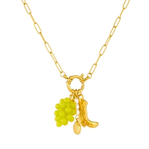 Collana in acciaio dorato con ciondoli a uva, stivale, perla e conchiglia con chiusura