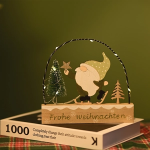 Detail of wooden Christmas gnome light with LED lights and Frohe Weihnachten text