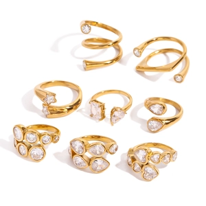 Set of 8 gold 18k plated stainless steel open rings with zircon geometric designs