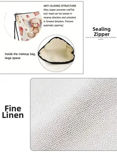 Detail of bear print makeup bag showing non-slip alloy zipper and linen texture