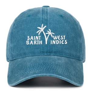 Detail of Saint Barth West Indies embroidery on vintage washed cotton baseball cap