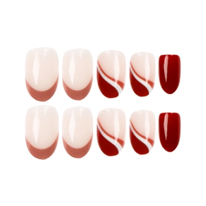 Set of 10 French style press-on nails with brown waves and glossy red finish on white background