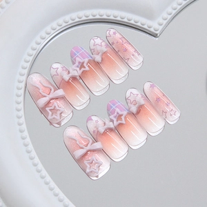 Faux ongles œil de chat rose avec nœuds 3D, motifs d'étoiles et style à carreaux