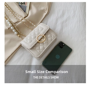 Detailed comparison of the small quilted crossbody bag size with a green smartphone