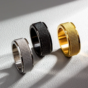 8mm rotatable stainless steel rings for men with textured grid pattern in silver, gold, and black