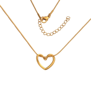 Polished gold stainless steel heart pendant necklace with lobster clasp and extension chain