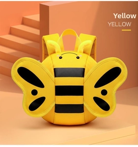 Close-up of cute yellow honeybee toddler backpack with 3D wings and antenna details