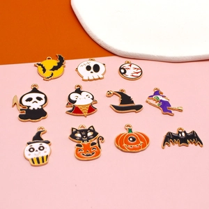 Halloween DIY enamel charms including black bat, orange pumpkin, and white skull figures