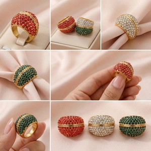 Retro dome rings with 18k gold plating and pave rhinestones in red, white and green