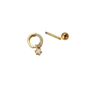 Gold stainless steel cartilage stud earring with cubic zirconia ring and screw ball back