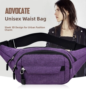 Close-up of purple waterproof oxford fabric waist bag with multi-layer zipper storage
