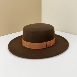 Classic dark brown wool boater hat with bronze grosgrain ribbon for elegant retro style