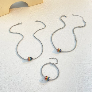 Rainbow enamel bead jewelry set including silver snakeskin necklace and bracelet