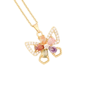 Golden necklace with multi-color zircon butterfly pendant on a clean white background