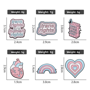 Size specifications for six cartoon enamel pins featuring rainbows and hearts