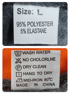 Detail view of garment size L label with material composition and washing instructions