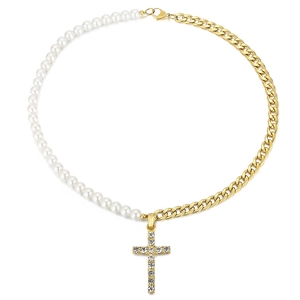 Collier maille cubaine hip hop avec perles et pendentif croix strass doré