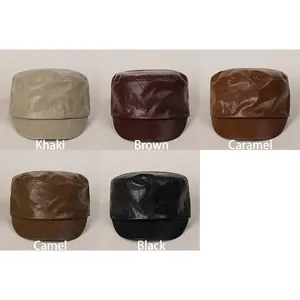 Classic PU leather flat top military caps in khaki, brown, camel, and black colors