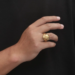 Detailed close-up of a gold titanium ring featuring a 3D tiger head design on hand