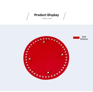 Detail of red circular PU leather bag base with golden studs and pre-punched holes