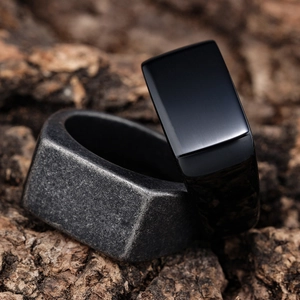 Minimalist rectangular mirror finish black ring and vintage silver textured hexagonal ring
