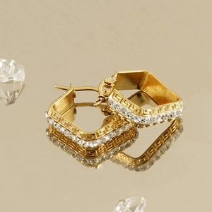 Luxurious 18K gold plated stainless steel square hoop earrings with Greek fret pattern