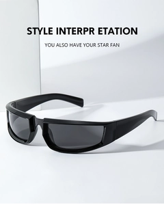 Close-up of sleek black wraparound sports sunglasses with glossy geometric frames