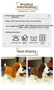 Detailed size specifications for dachshund plush toy made of 100% polyester fiber