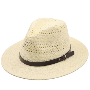 Handwoven cream straw fedora with brown leather band for outdoor sun protection