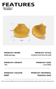 Détails des boucles d'oreilles coquillage en acier plaqué or 18K avec dimensions et poids