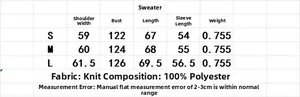Size chart for women jacquard knit sweater with details on shoulder chest and length