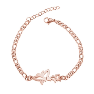 Detail of rose gold butterfly charm bracelet featuring a Figaro chain and lobster clasp