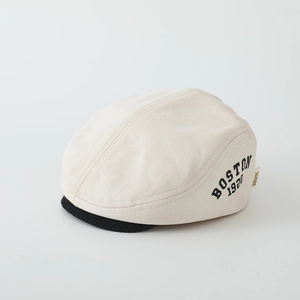 Detail of cream suede cap with black corduroy brim and Boston 1920 embroidery