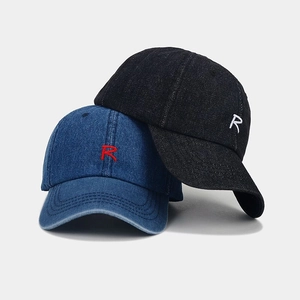 Fashionable denim baseball cap with R letter embroidery in dark blue and black colors