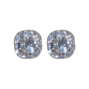 Elegant halo style square stud earrings with shimmering silver diamonds and crystals