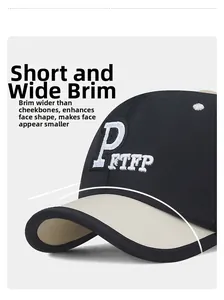 Detail of short brim baseball cap showing white 3D letter embroidery on two-tone canvas