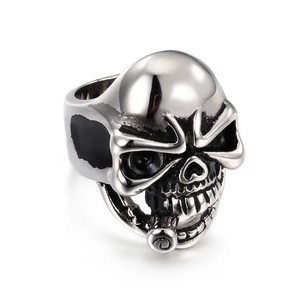 Punk rock skull ring for men with vintage silver finish and detailed metal carving