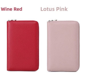Detailed view of RFID genuine leather long wallets in wine red and lotus pink colors