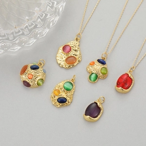 Golden pendant necklaces with colorful round stones and mushroom shape opal designs