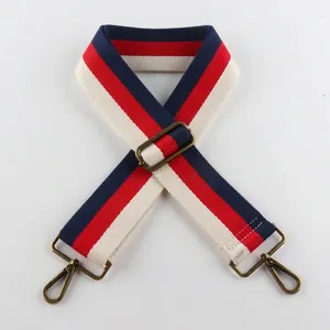 Close-up of adjustable striped handbag strap with antique bronze metal swivel hooks