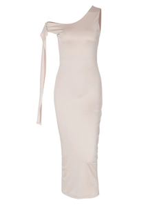 Elegant one-shoulder pink bodycon maxi dress with decorative shoulder streamer detail