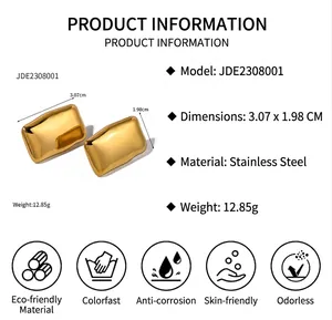 Detail view of 18K gold plated rectangular earrings with 3.07cm size measurements