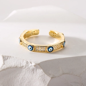 Exquisite gold-plated Evil Eye open ring with blue enamel and sparkling zircon accents