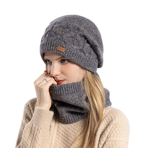 Winter knitted beanie and neck warmer set for women in grey-blue cable knit style