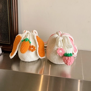 Handmade Crochet Woven Crossbody Bucket Bag Cute Rabbit Ears Woolen Yarn Drawstring Novelty Purse For Women Girls