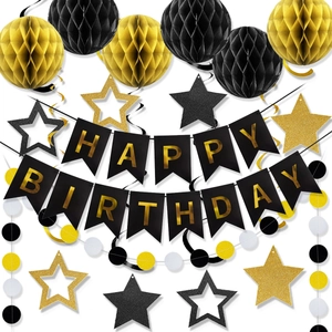 Happy Birthday Banner Hanging Decoration With Honeycomb Balls Star Garland Spiral Swirls Paper Circles For Party Supplies
