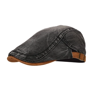 Vintage dark gray denim beret cap with brown suede brim and adjustable metal buckle