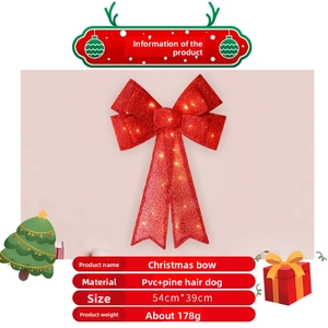 Detailed specs of LED red Christmas bow measuring 54cm by 39cm with tinsel material