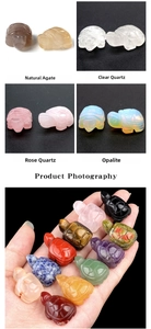 Detailed view of hand-carved mini gemstone turtles in quartz, agate and opalite stones