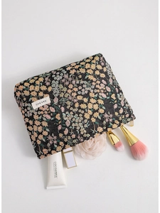 Floral portable makeup bag with large capacity for travel and skincare storage